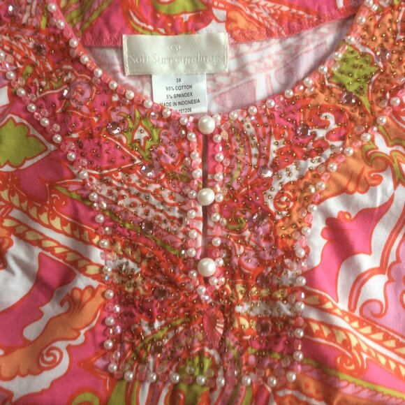 Soft Surroundings Paisley Pink/Orange Artsy Boho Tunic Beads/Pearls EUC Size 3X - Picture 5 of 5